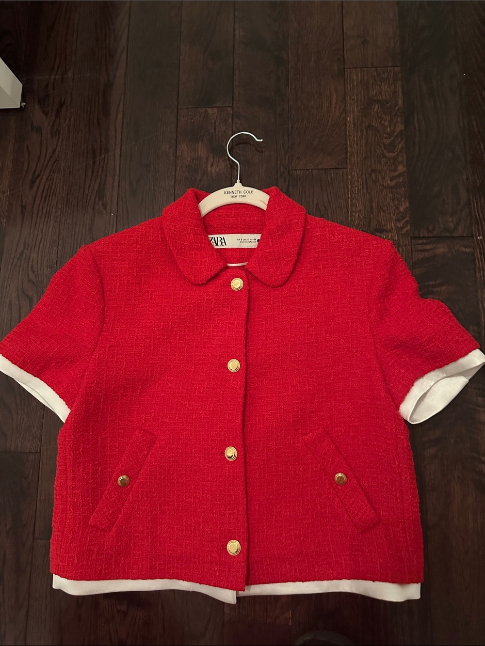 Zara Red Short-Sleeve Tweed Jacket with Gold Buttons and White Trim